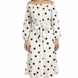 Who What Wear Polka Dot Midi Dress XS Off Shoulder Belted White Black Button‎ Up